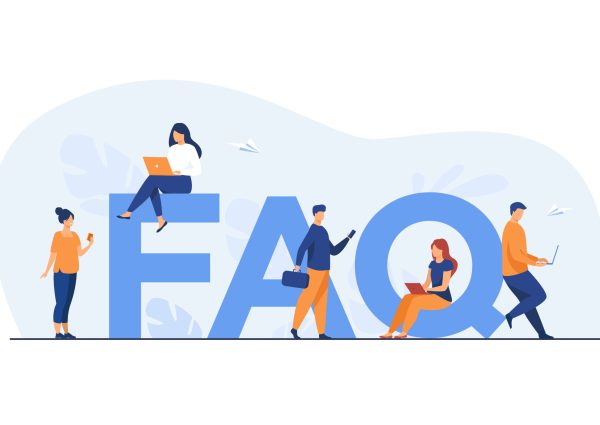 Tiny people sitting and standing near giant FAQ isolated flat vector illustration. Cartoon users asking questions and getting answers. Help, instruction and support information concept
